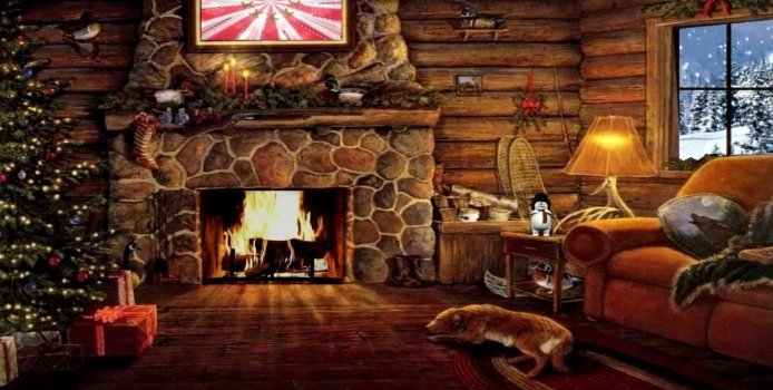 Log Cabin and fireplace and Christmas tree and sleeping dog.JPG
