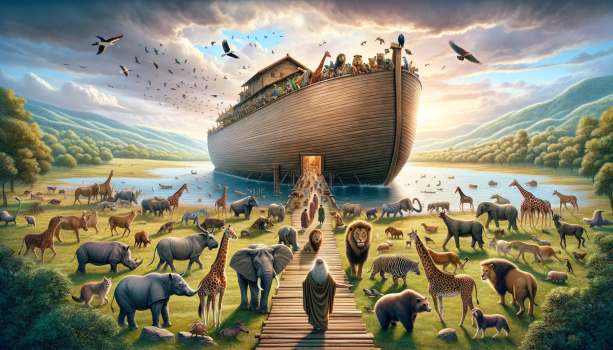 DALL·E 2024-01-11 13.59.44 - A biblical scene depicting a variety of animals peacefully walkin...png