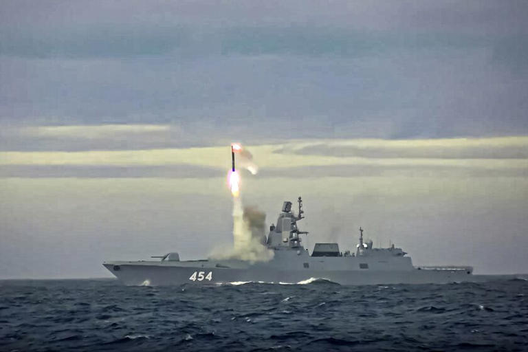 A hypersonic cruise missile launches from the Russian naval frigate Admiral Gorshkov in the Barents Sea. (Russian Defense Ministry Press Service)