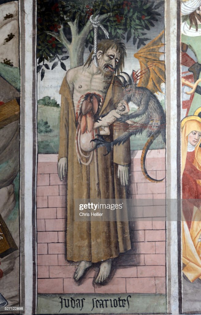 hanged-judas-iscariot-fresco-notre-dame-des-fontaine-picture-id527122898