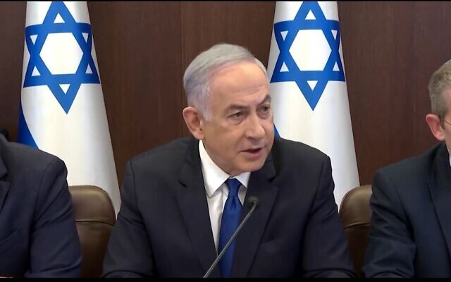 Prime Minister Benjamin Netanyahu at the start of the weekly cabinet meeting in Jerusalem, March 17, 2024 (Screen grab/GPO)